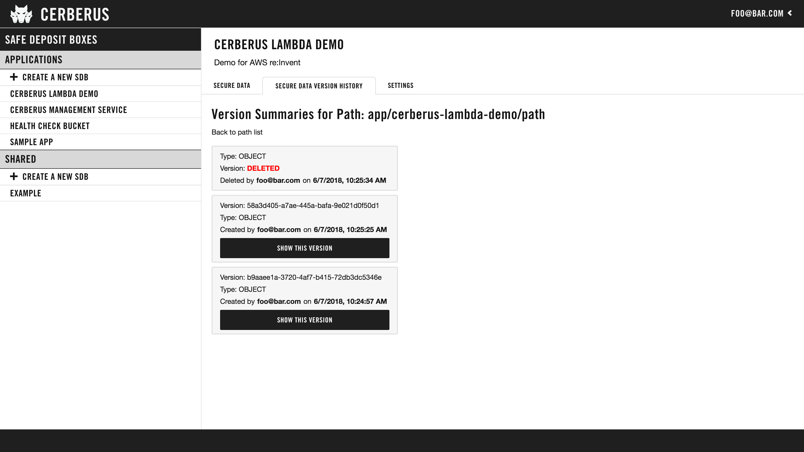 Cerberus Dashboard version screenshot