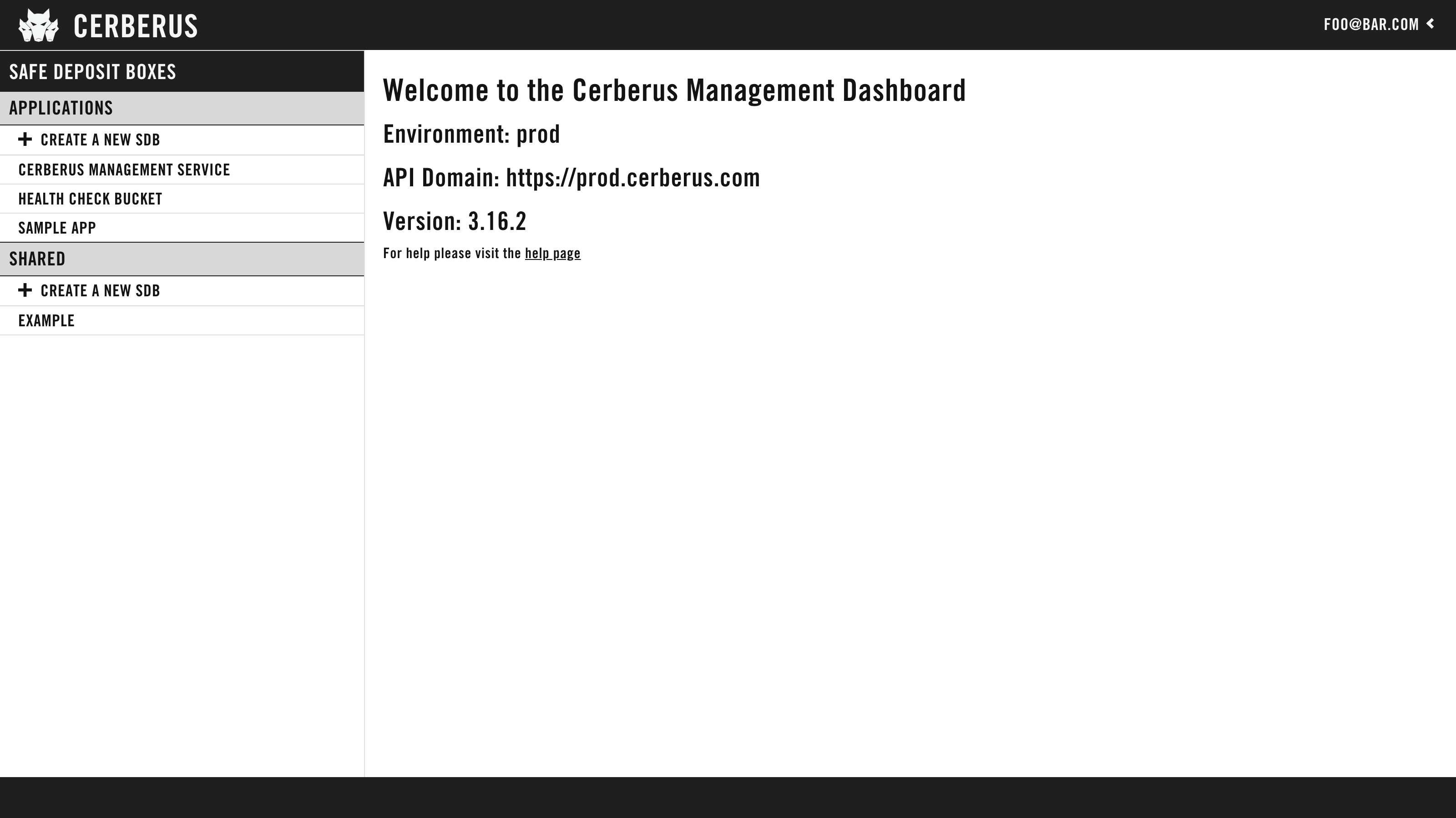 Cerberus Dashboard Welcome screenshot