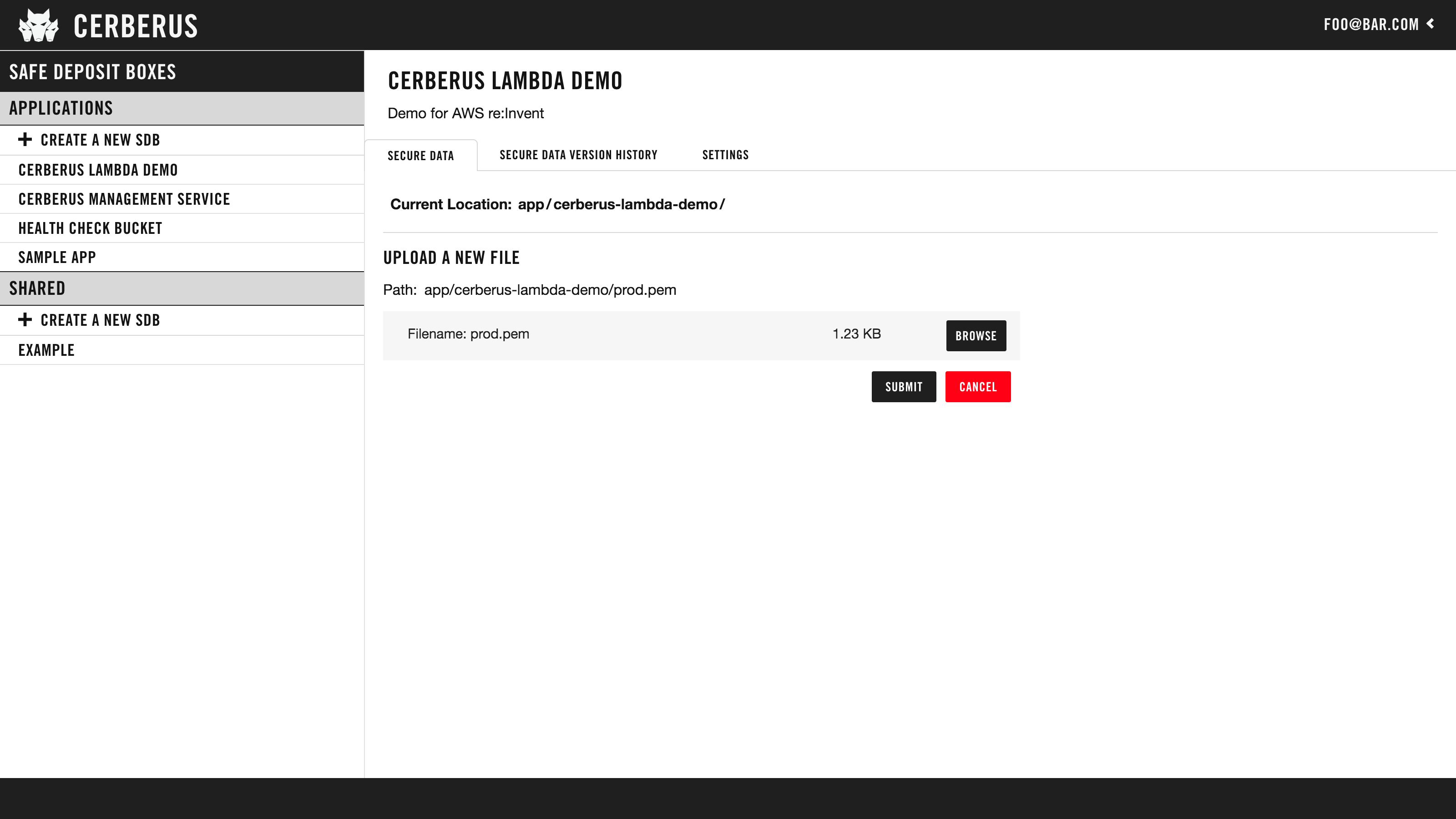 Cerberus Dashboard add file screenshot